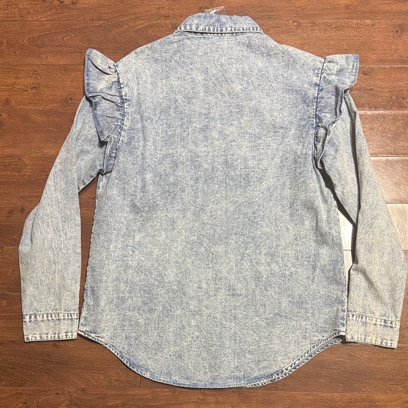 Acid Wash Denim Ruffle Button-Up Shirt - Picture 7 of 7